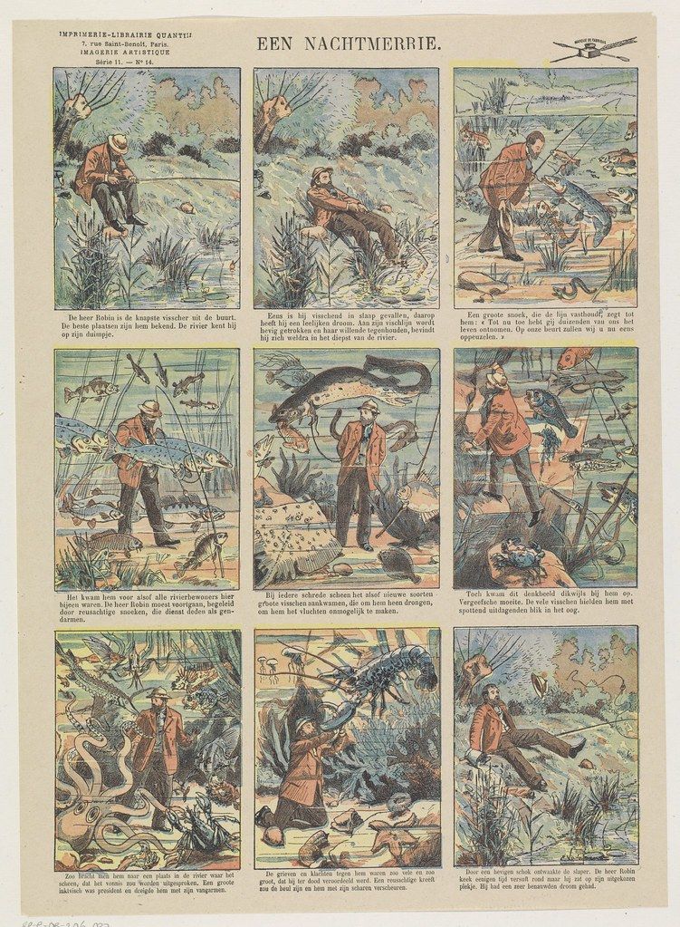 A vintage comic strip or illustrated page titled "Een Nachtmerrie" (A Nightmare). It's laid out in a grid of panels, telling a sequential story of a man experiencing a vivid and terrifying nightmare.