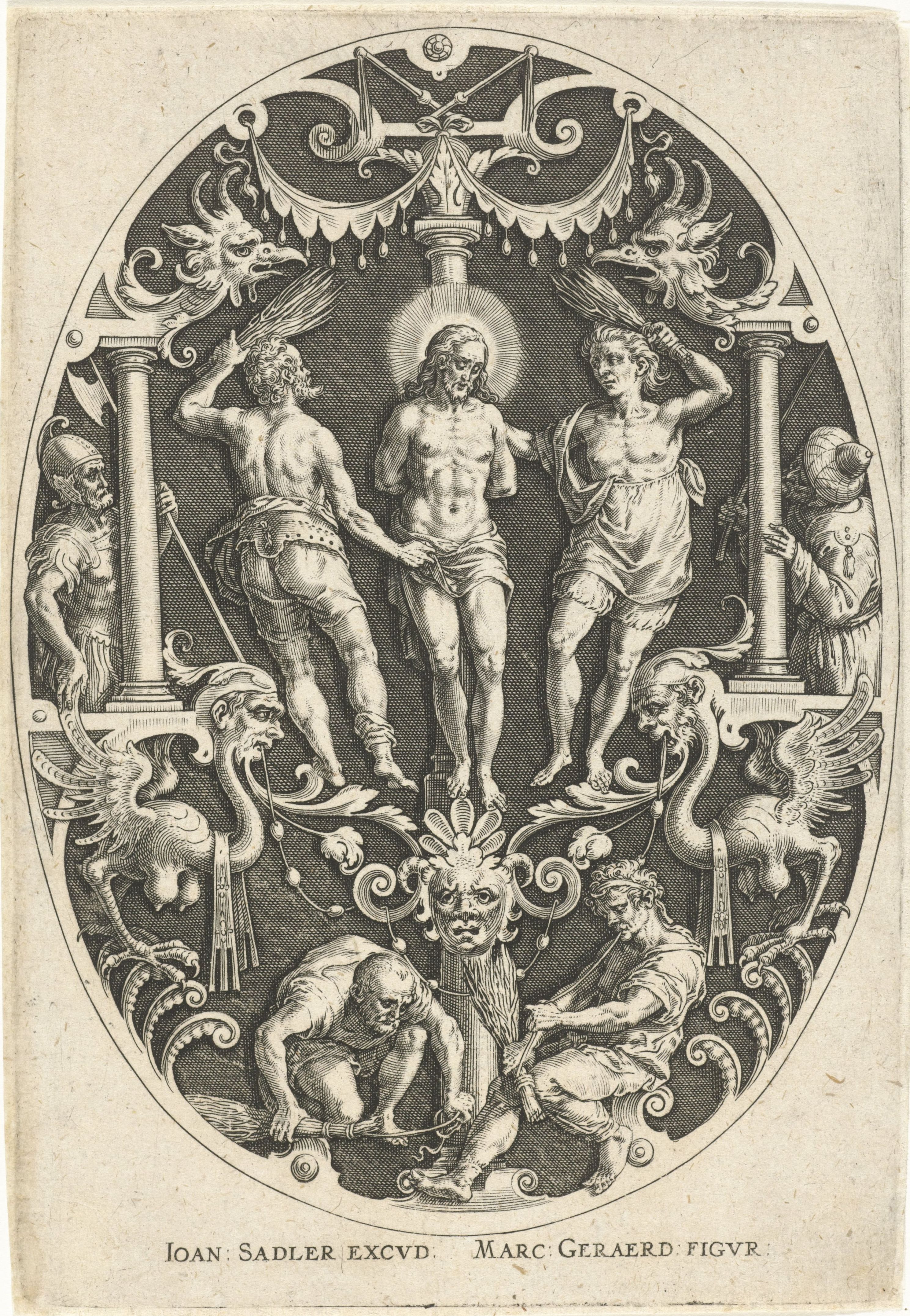 A detailed black and white engraving depicting a religious scene within an oval frame.