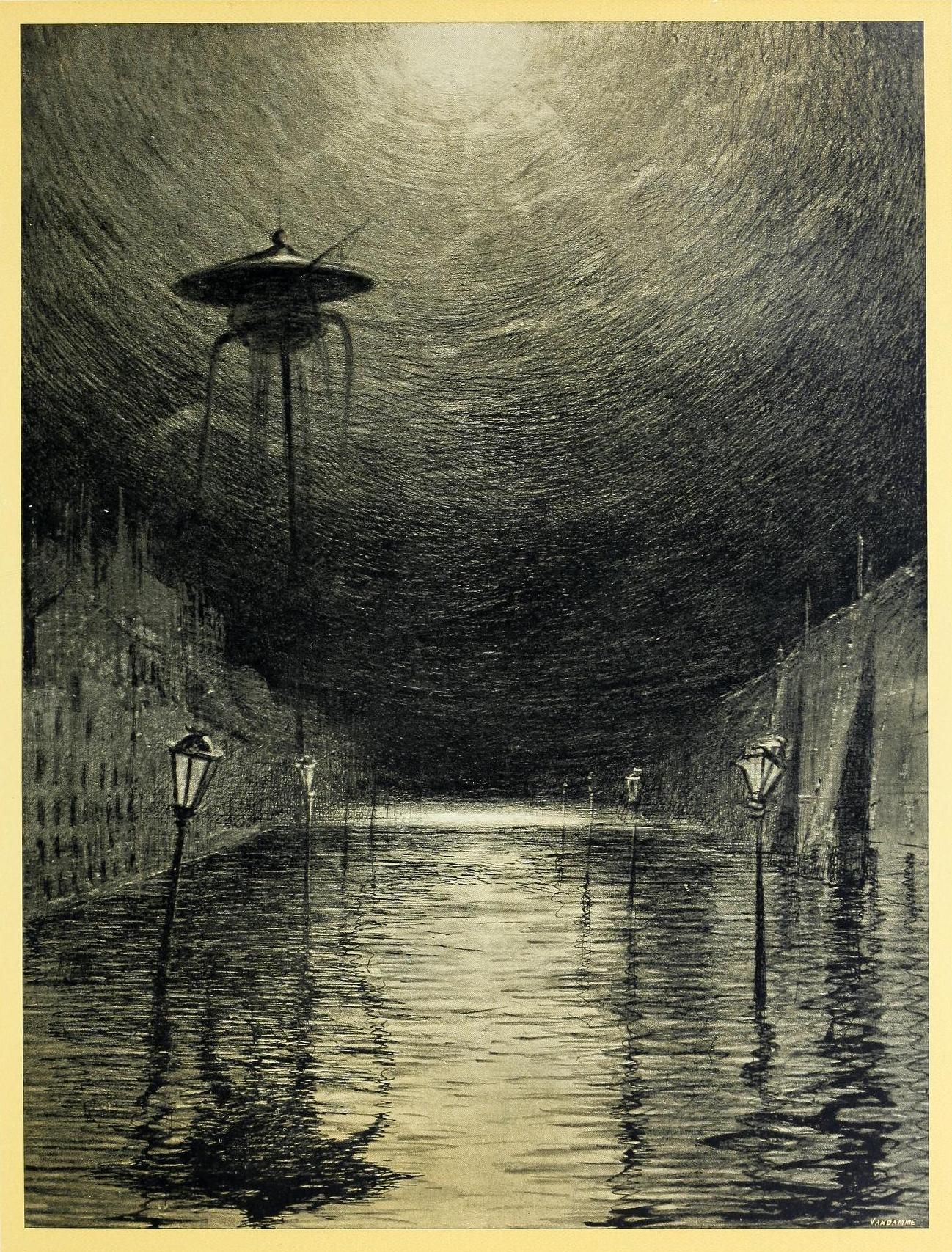 Vintage illustration of a flooded street with a flying saucer hovering above, lined with antique lamp posts and tall buildings.