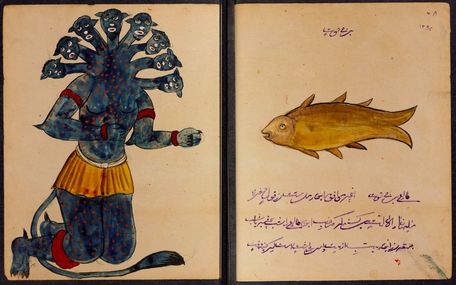 An open-page illustration from a manuscript featuring a multi-headed blue figure on the left and a brown fish on the right, with ornate text below.