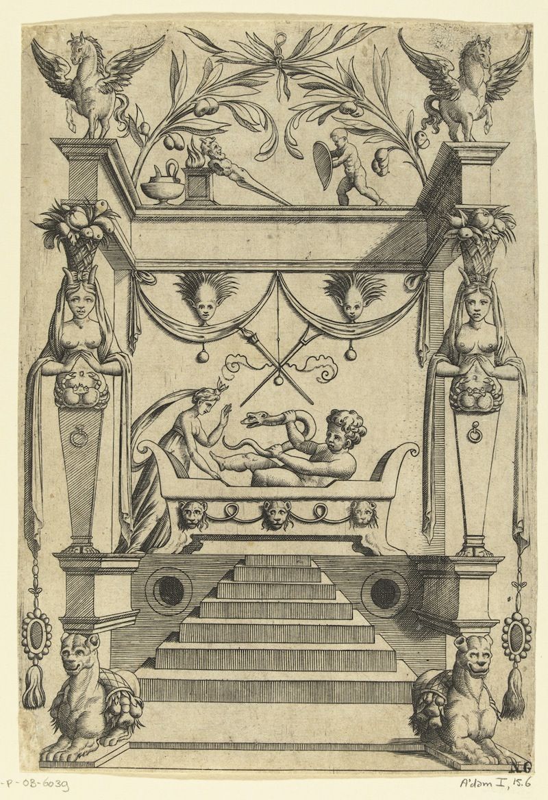 A detailed black and white engraving depicting an elaborate architectural and sculptural design with cherubs, columns, lions, and eagles.