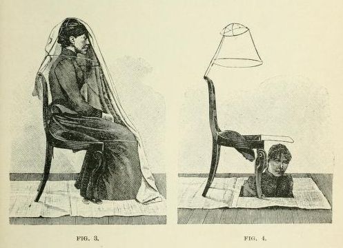 Vintage illustration of two scenes, one with a person draped in fabric seated on a chair, and another with a person's head submerged in a container with legs resting on a chair.