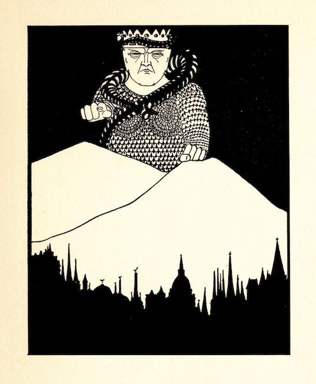 Black and white illustration of a king or ruler looming over a cityscape.