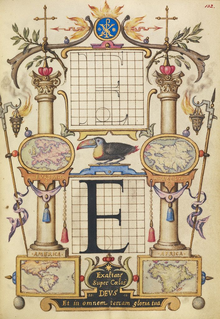 A detailed illuminated manuscript page featuring a large letter 'E' surrounded by representations of the continents, ornate columns, fruits, foliage, flags, and Latin text.