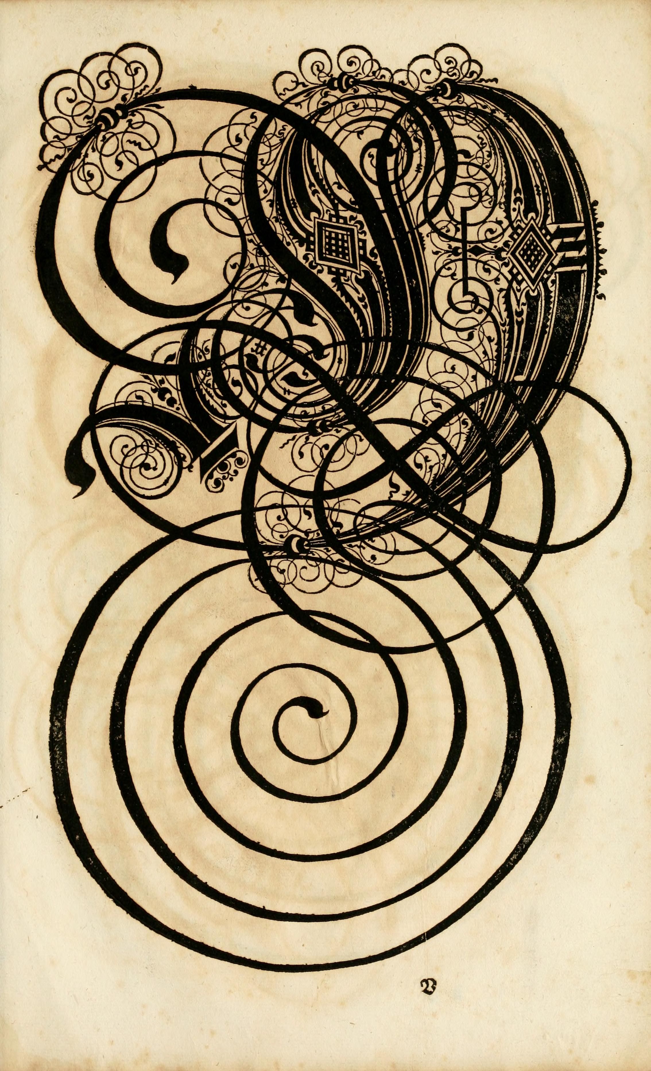 A vintage, black and white illustration of an ornate, swirling design with a spiral at the bottom and intricate patterns at the top.