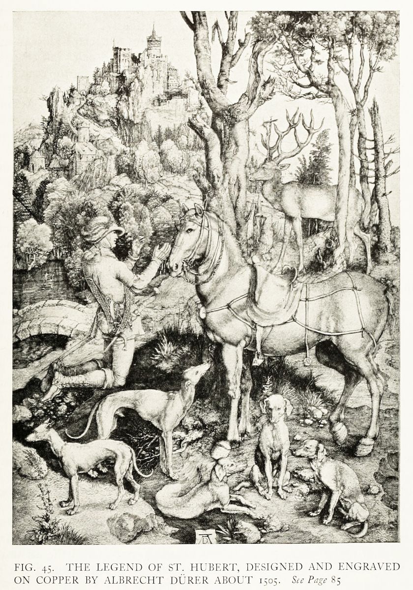 A black and white engraving titled 'The Legend of St. Hubert' by Albrecht Dürer, circa 1505. The scene depicts a hunting party in a dense forest with a man on horseback and a stag with a crucifix between its antlers.