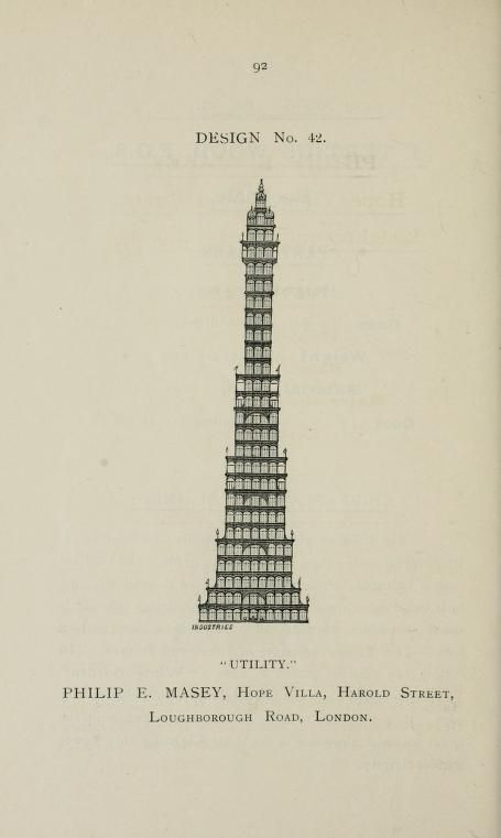 Vintage architectural design illustration of a tall, slender tower-like structure with stacked rectangular modules and multiple windows.