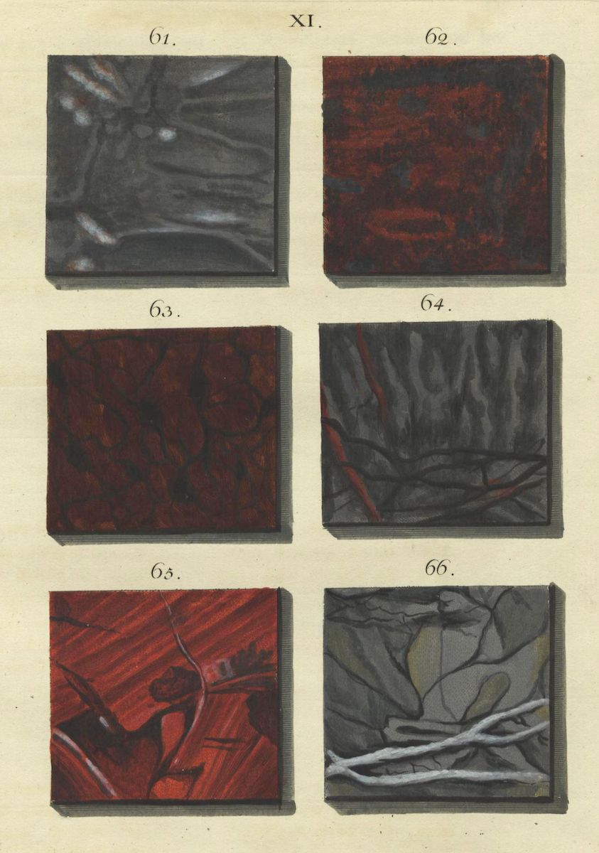 A vintage illustration of six square panels, each displaying a unique paper marbling pattern. The panels are numbered 61 through 66 and feature swirling designs in shades of red, black, brown, gray, and white.