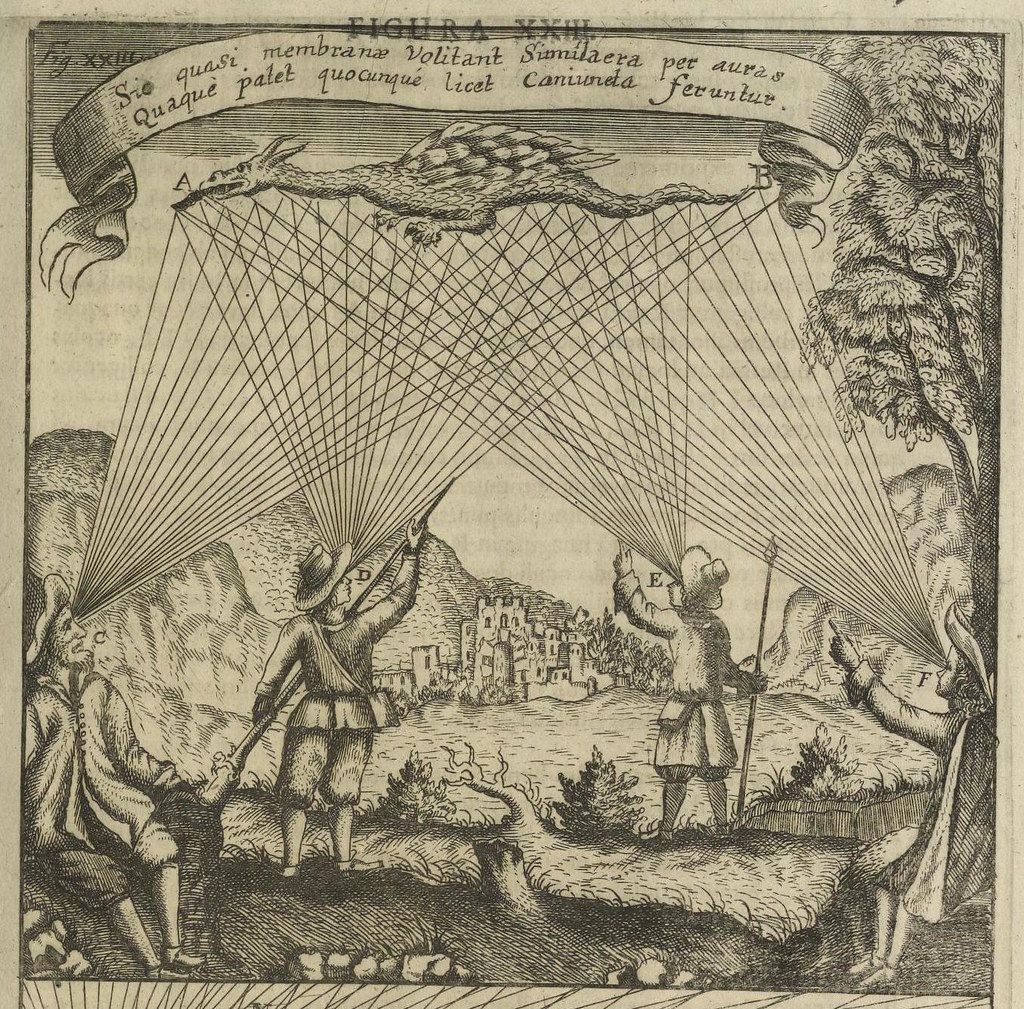 A black and white engraving depicting a fantastical scene with several figures and a complex network of lines extending from them.