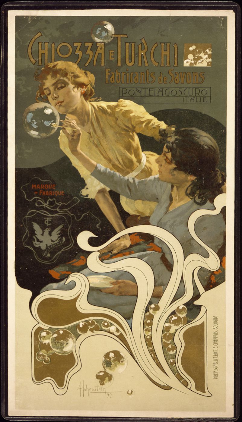 Vintage Art Nouveau poster for Chiozza & Turchi soap, featuring women blowing bubbles amidst floral motifs.