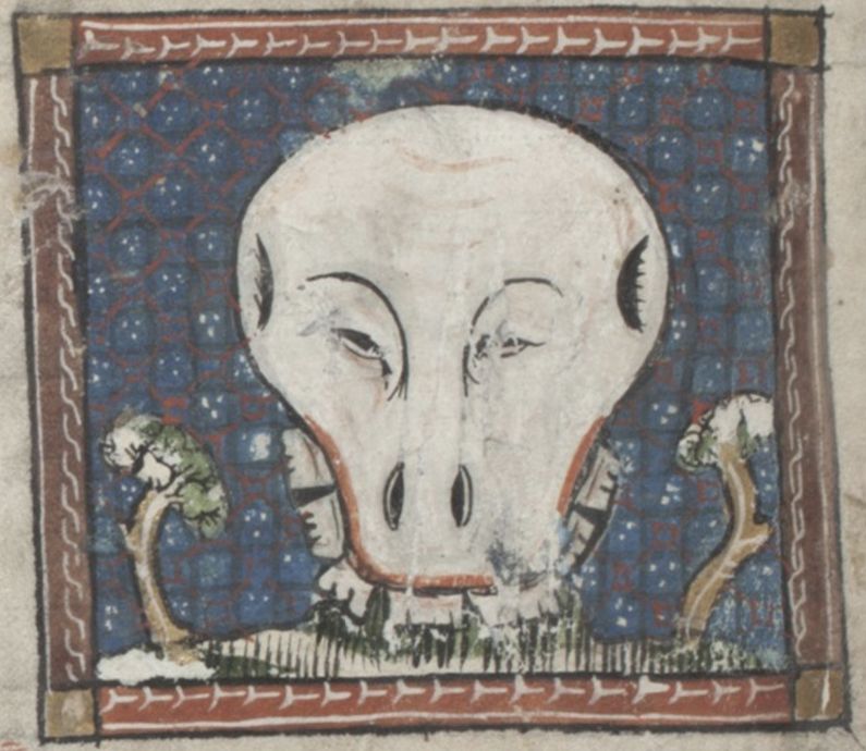 Medieval manuscript illumination of the Taurus zodiac sign, featuring a white bull's head against a blue starry background, framed by a decorative border.