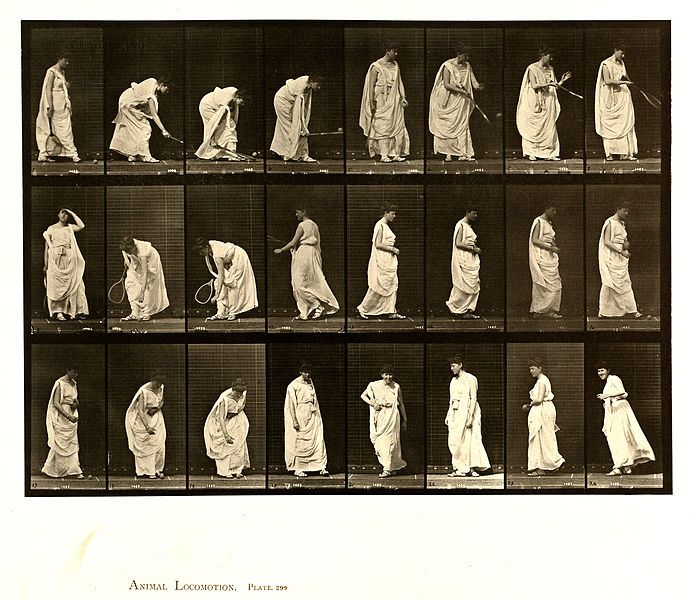 A grid of 24 black and white photographs depicting a man playing tennis in a long white robe.