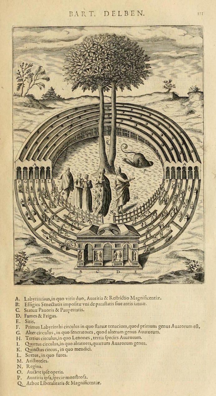 A detailed black and white engraving depicting a complex, circular labyrinthine structure with a tree at the center and numerous figures within.