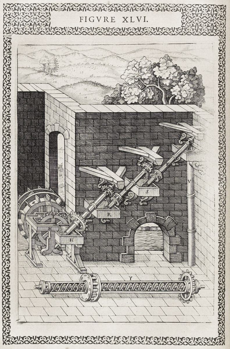 A detailed black and white engraving of a complex water-powered machine with a stone archway, water wheel, gears, and figures.
