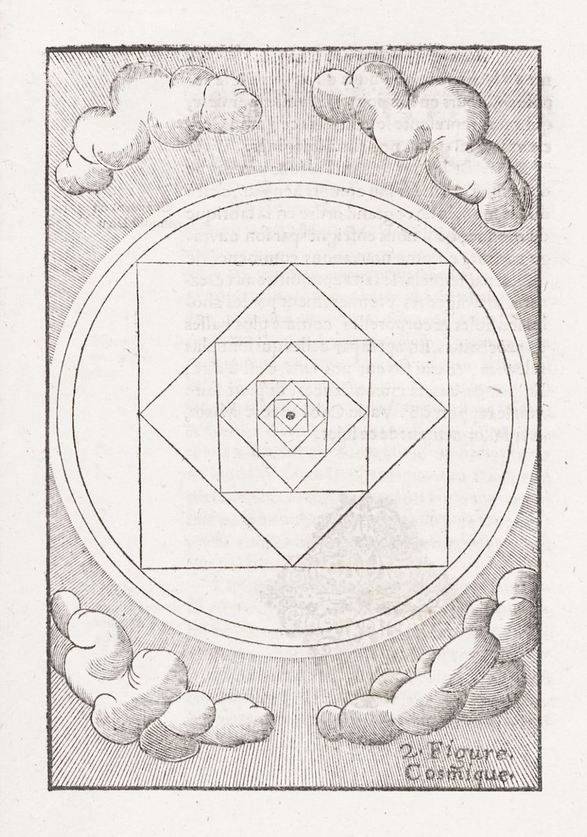 A black and white engraving of a geometric pattern surrounded by clouds, with text in the lower right corner.