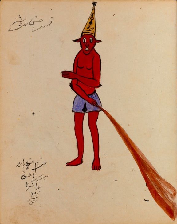 A vintage illustration of a red-skinned figure in a conical hat holding a brush, with Arabic script above and below.