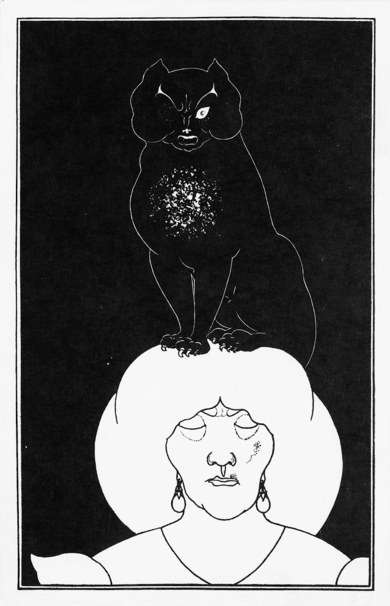 A black and white illustration of a black cat perched on the head of a woman with large, rounded hair. The background is solid black, and the style is reminiscent of Art Nouveau or Symbolism.