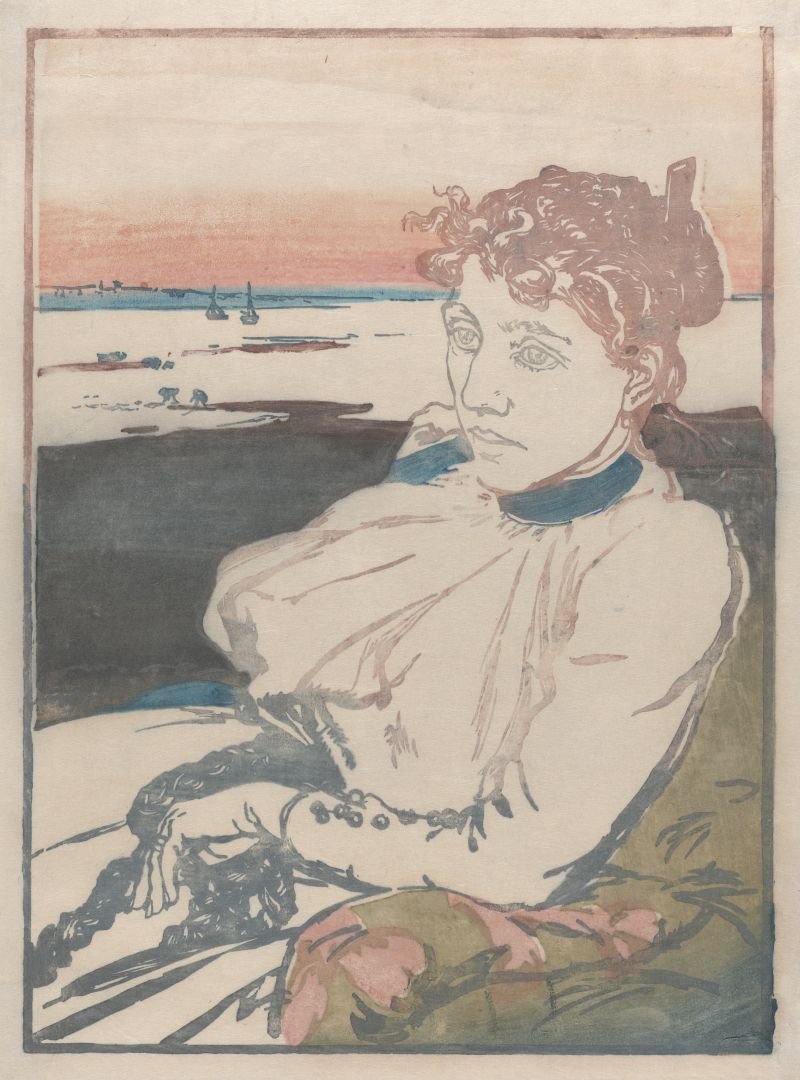 A color etching of a woman in a landscape setting. The woman is the central focus, portrayed from the chest up. She has reddish-brown, curly hair and a serious expression. In the background, there is a coastal scene with a beach, water, and a few sailboats. The sky is a gradient of pink and orange, suggesting a sunset or sunrise.
