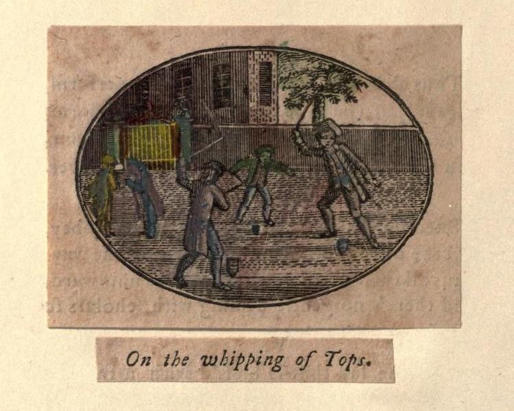 Vintage illustration of children playing with tops in a park-like setting.