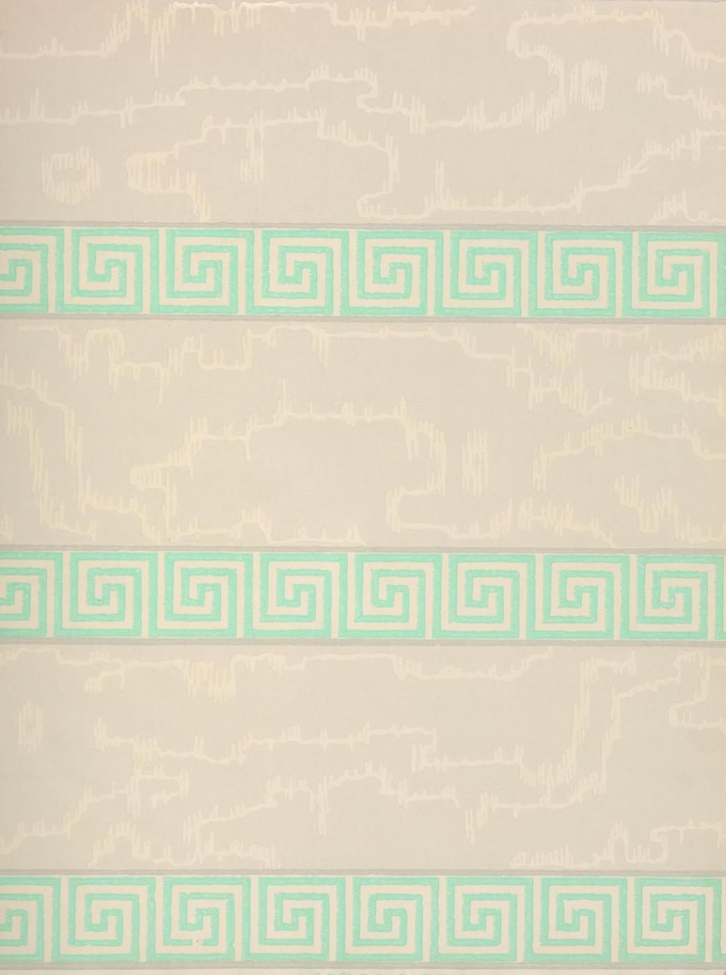 A repeating pattern with a light beige background and three horizontal bands of a turquoise Greek key or meander pattern.