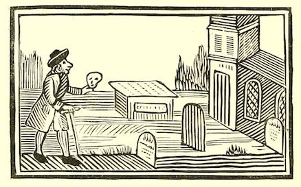 Vintage woodcut illustration of a man in a graveyard encountering a skull rising from a tomb.