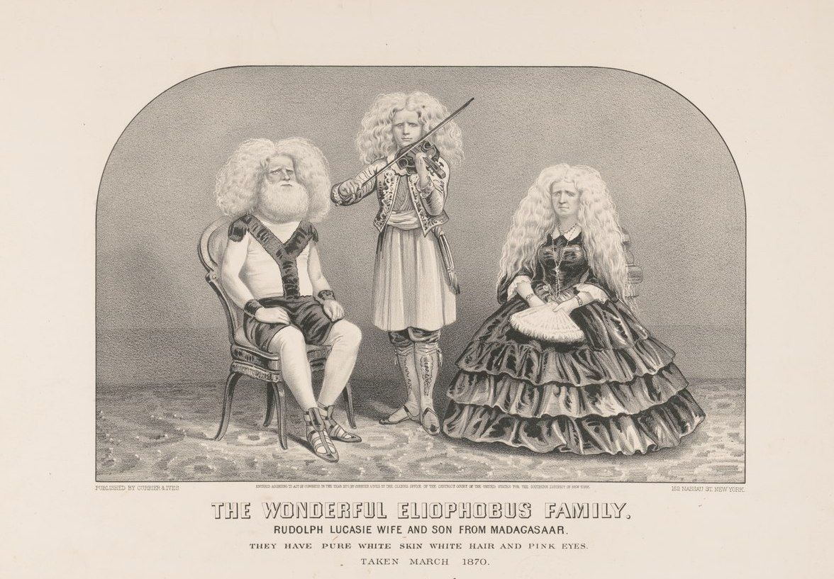 Vintage lithograph of the 'Wonderful Eliophobus Family' from Madagascar, depicting a family of three individuals with albinism.