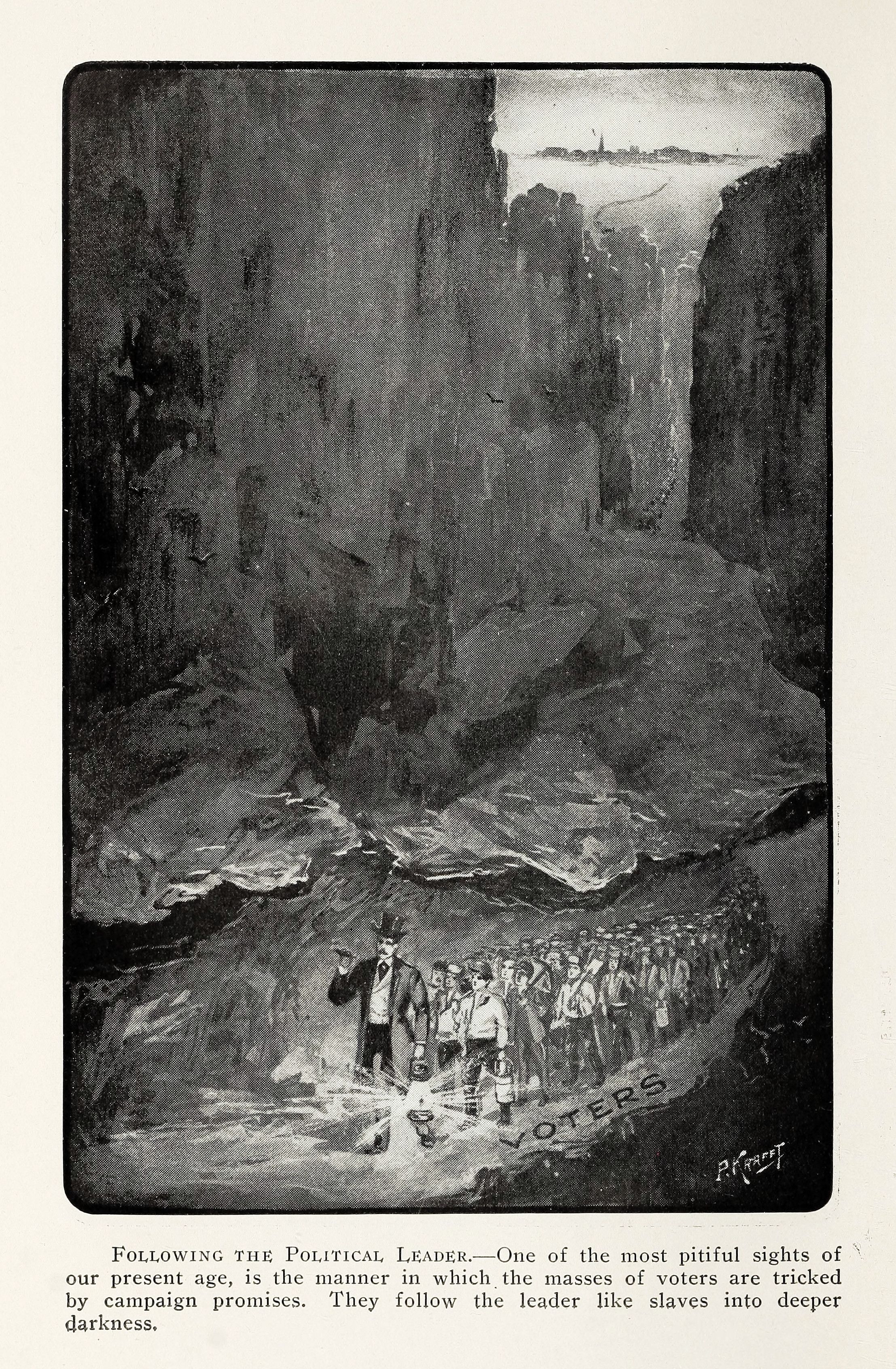 A black and white illustration depicting a group of people following a leader into a dark cave. The scene is dramatic and symbolic, with a strong emphasis on the contrast between light and shadow.