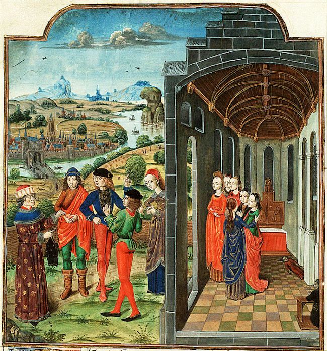 Medieval manuscript illumination depicting a scene with two groups of people, one outdoors in a landscape and the other indoors in a grand hall.