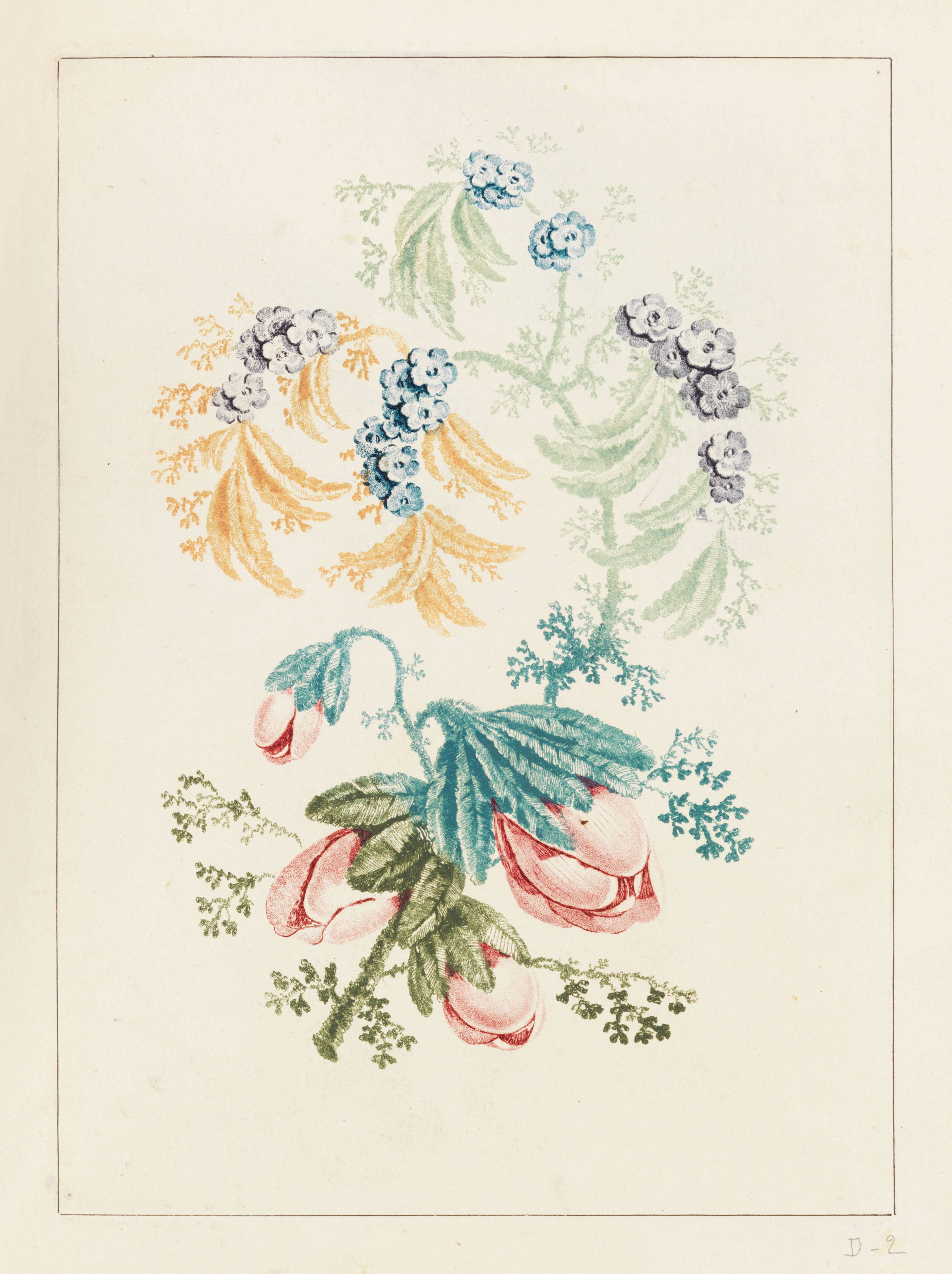 Vintage illustration of a floral arrangement with pink and teal flowers, yellow and blue floral clusters, and green leaves.