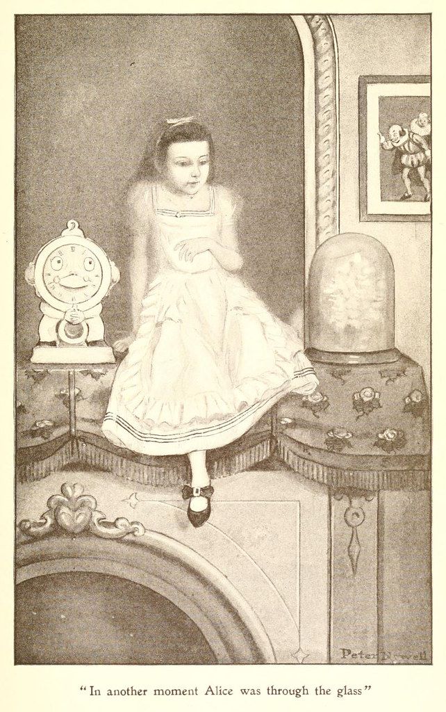 A black and white illustration of Alice stepping through a mirror, with a clock and urn flanking the mirror.