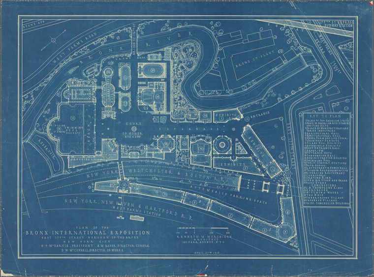 A detailed blueprint-style map of the Bronx International Exposition, rendered in monochromatic blue. It depicts a complex layout of buildings, roads, and pathways, with a 'Key to Plan' listing various buildings and areas. Text at the bottom identifies the map and includes names of key personnel and the date 'April 27th 1914.'
