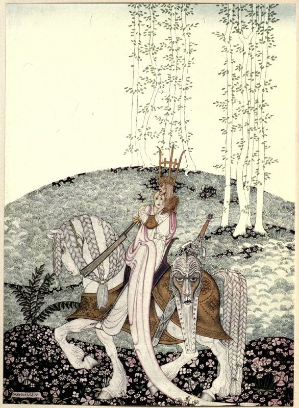 A vintage illustration of a regal figure riding a fantastical horse in a field of flowers and trees.