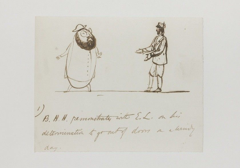 Sepia-toned sketch of two figures in conversation, with handwritten text below.