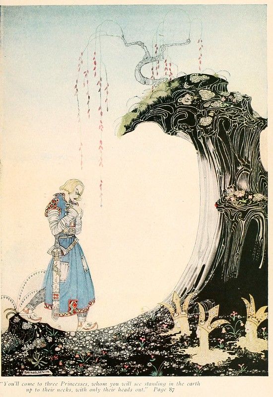 A vintage illustration of a young man in medieval attire standing before a dark, floral tree with pale faces emerging from the earth. The text below reads: "You'll come to three Princesses, whom you will see standing in the earth up to their necks, with only their heads out." Page 87.