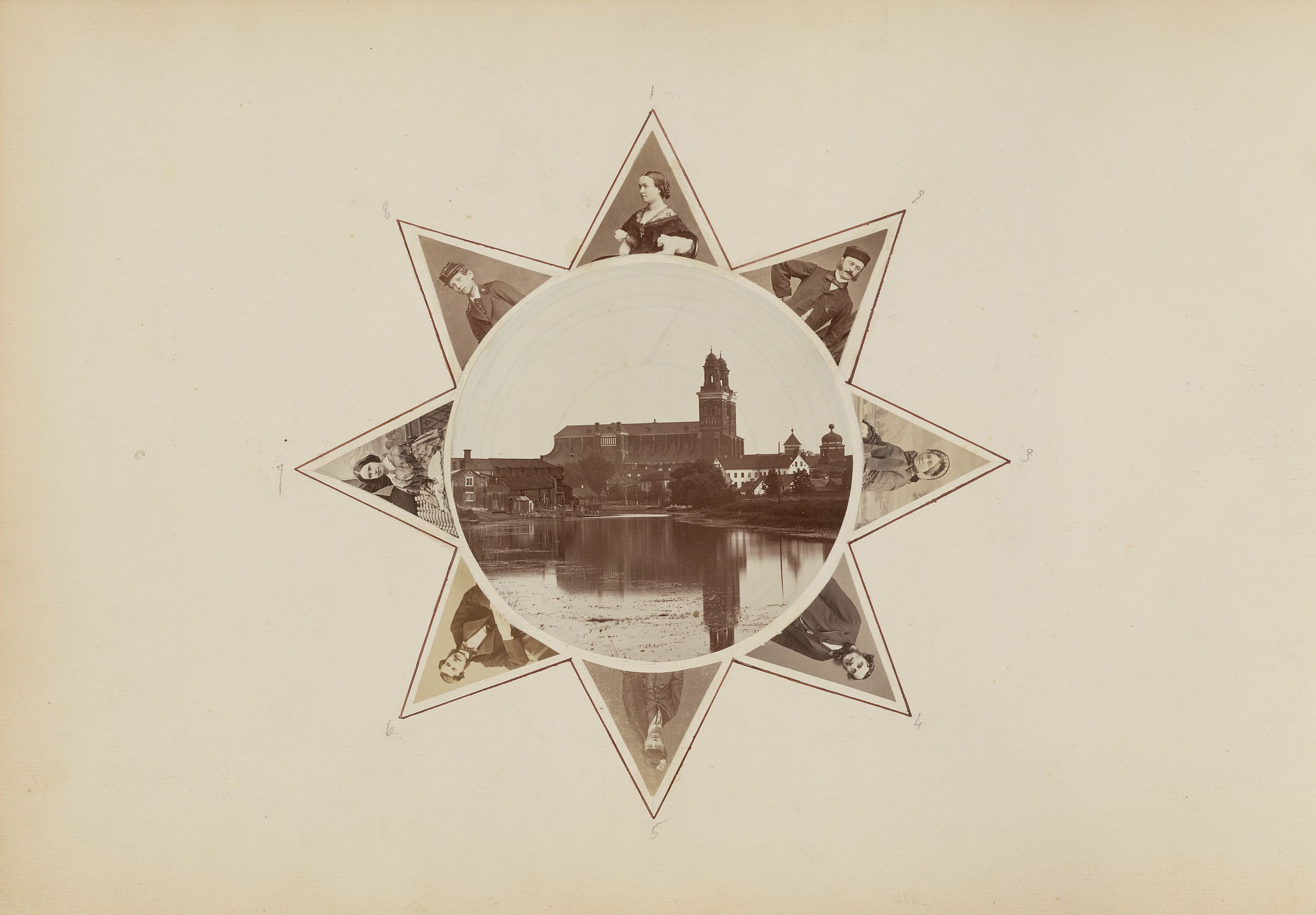 Sepia-toned photograph of a star-shaped arrangement of portraits surrounding a central landscape view of a town with a prominent building and water.