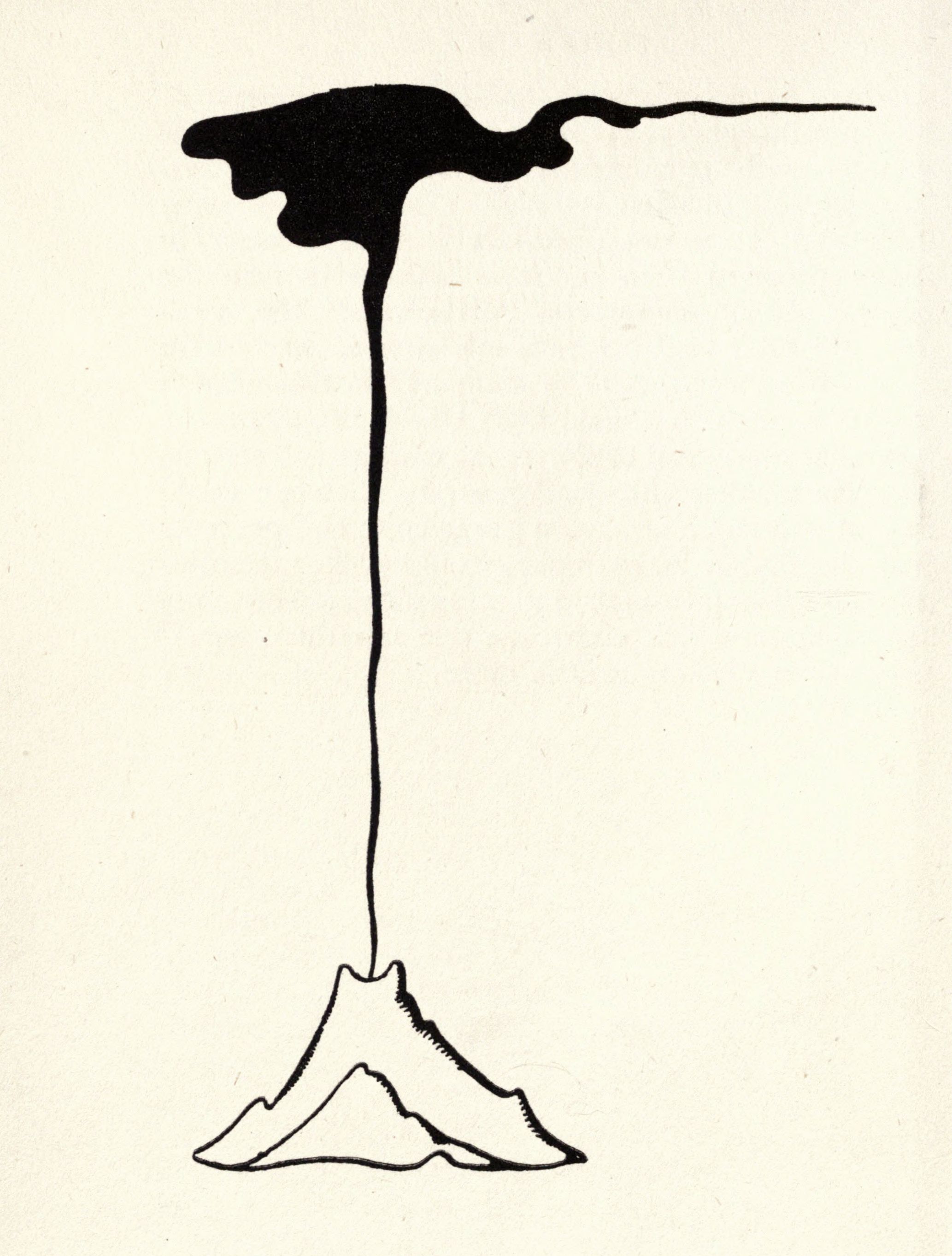 A black ink drawing on a light beige background depicting an abstract, organic form resembling a stylized plant or a flowing shape.