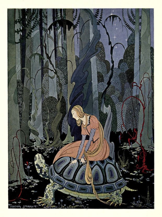 A vintage illustration of a woman seated on a giant turtle in a dark swampy forest.