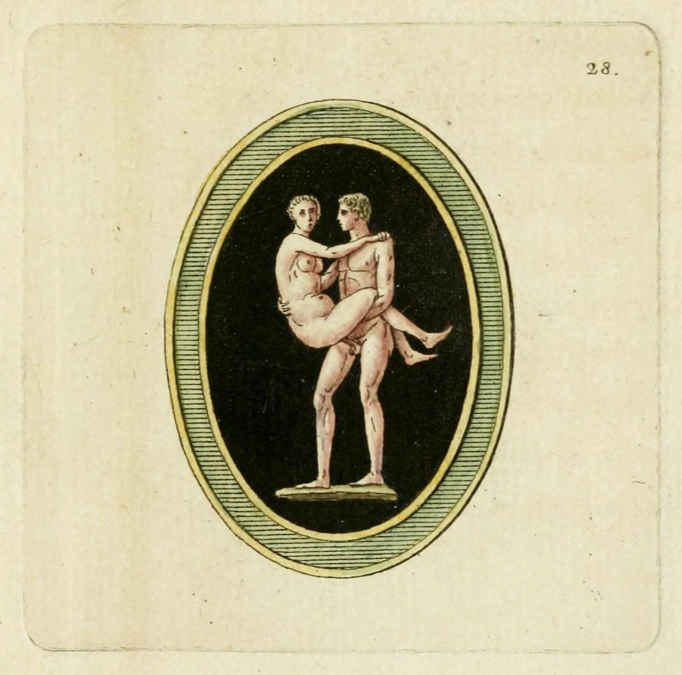 Vintage illustration of a man carrying a nude woman in an oval frame.