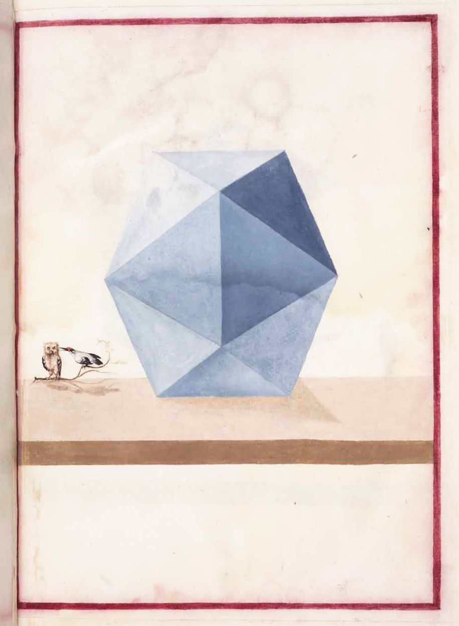 A watercolor painting of a large, faceted blue diamond with a small figure of a person holding a bird below it.