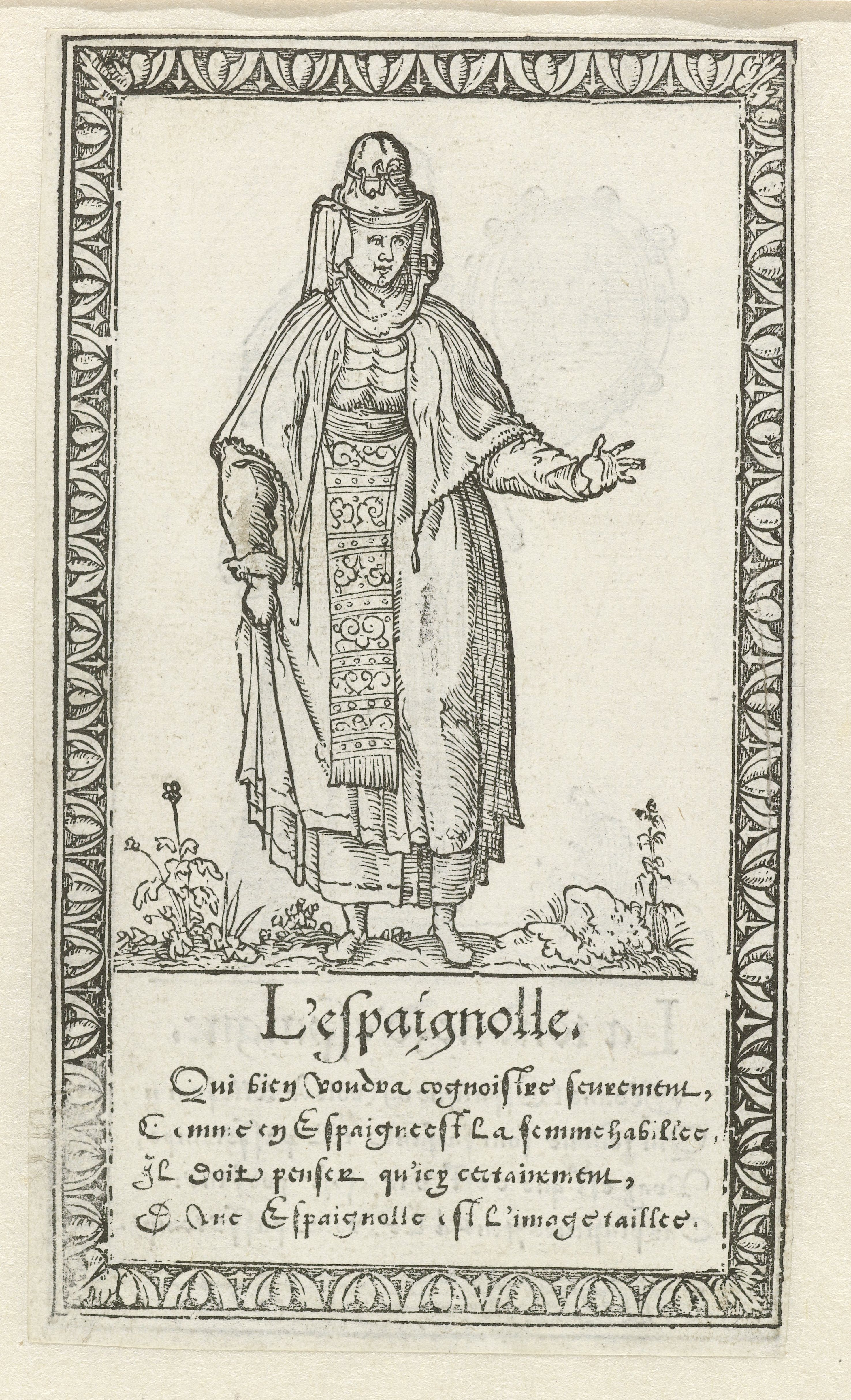 A black and white engraving of a woman in a tall hat and ornate dress, standing on the ground with plants, framed by a decorative border and accompanied by text.