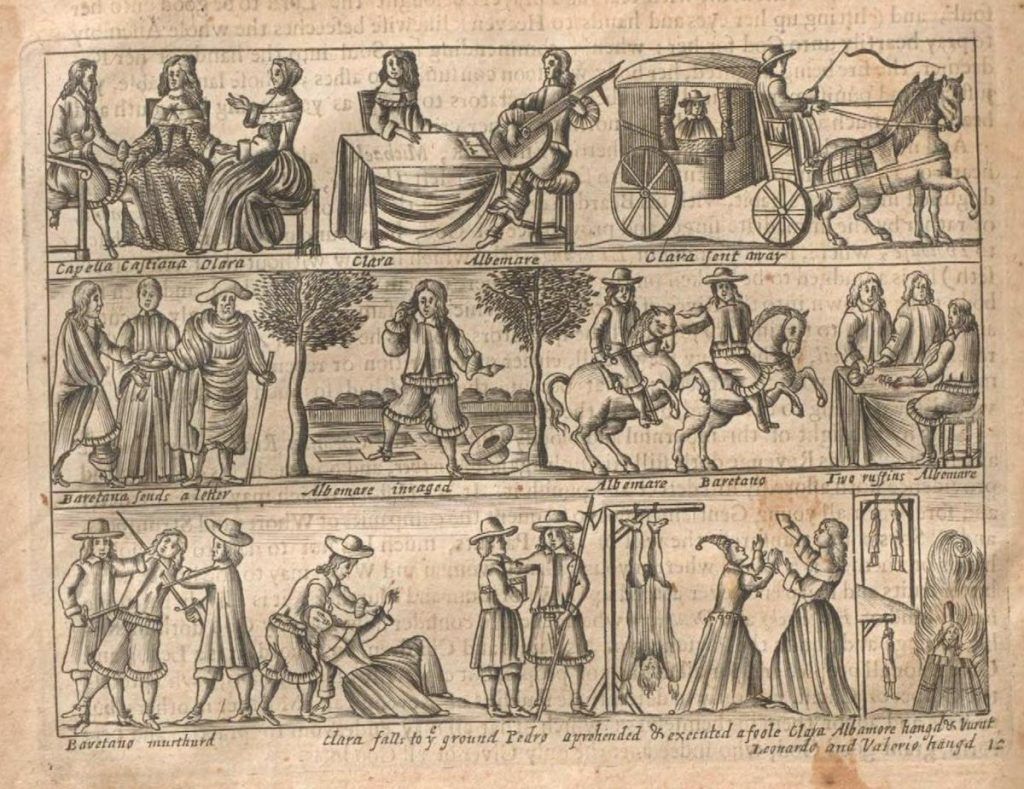 A black and white woodcut print depicting a series of scenes arranged in three horizontal rows, showing people, carriages, trees, buildings, horses, gallows, swords, and landscapes.