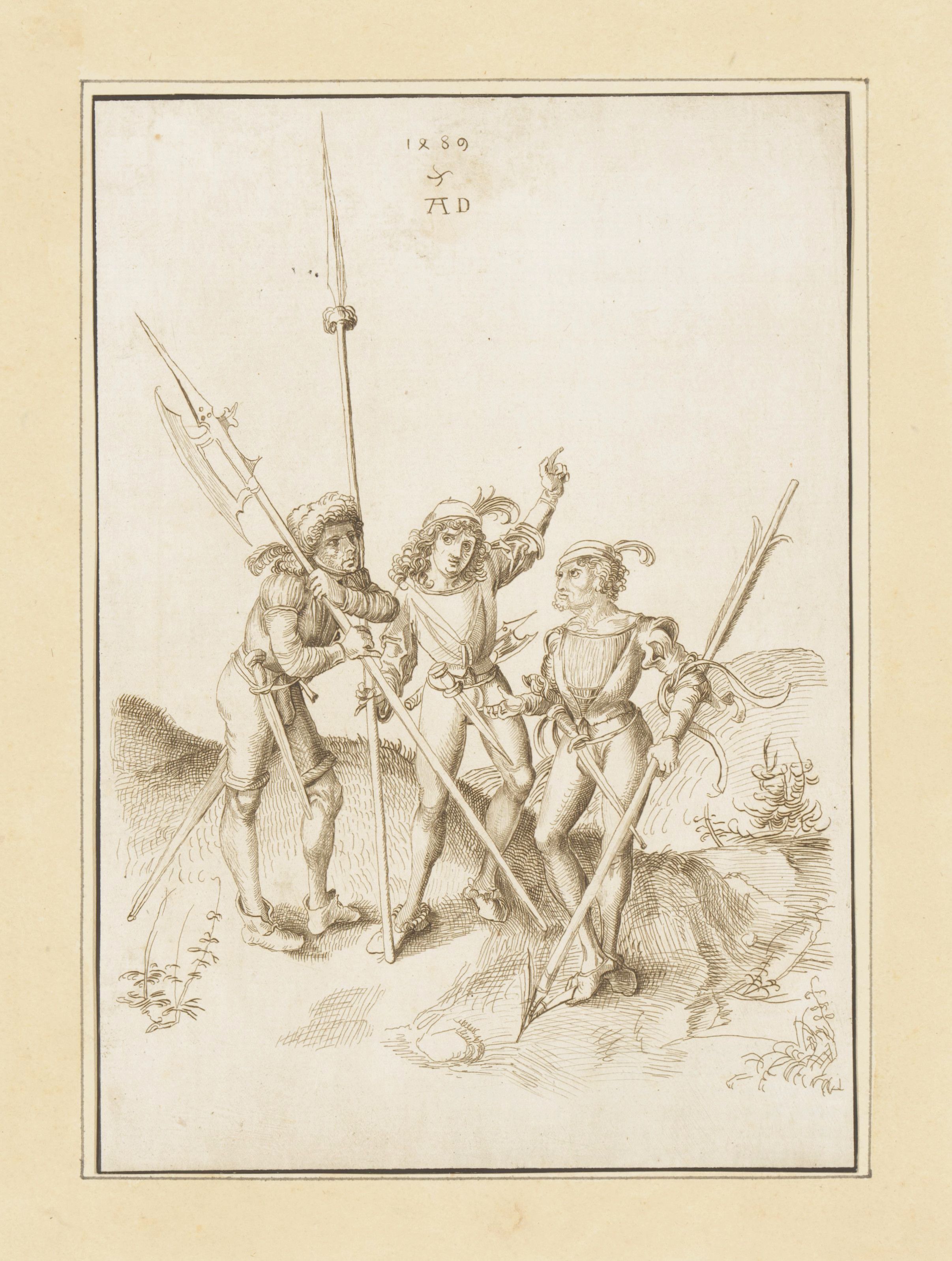 A sepia-toned drawing depicting three figures in what appears to be a historical or allegorical scene.