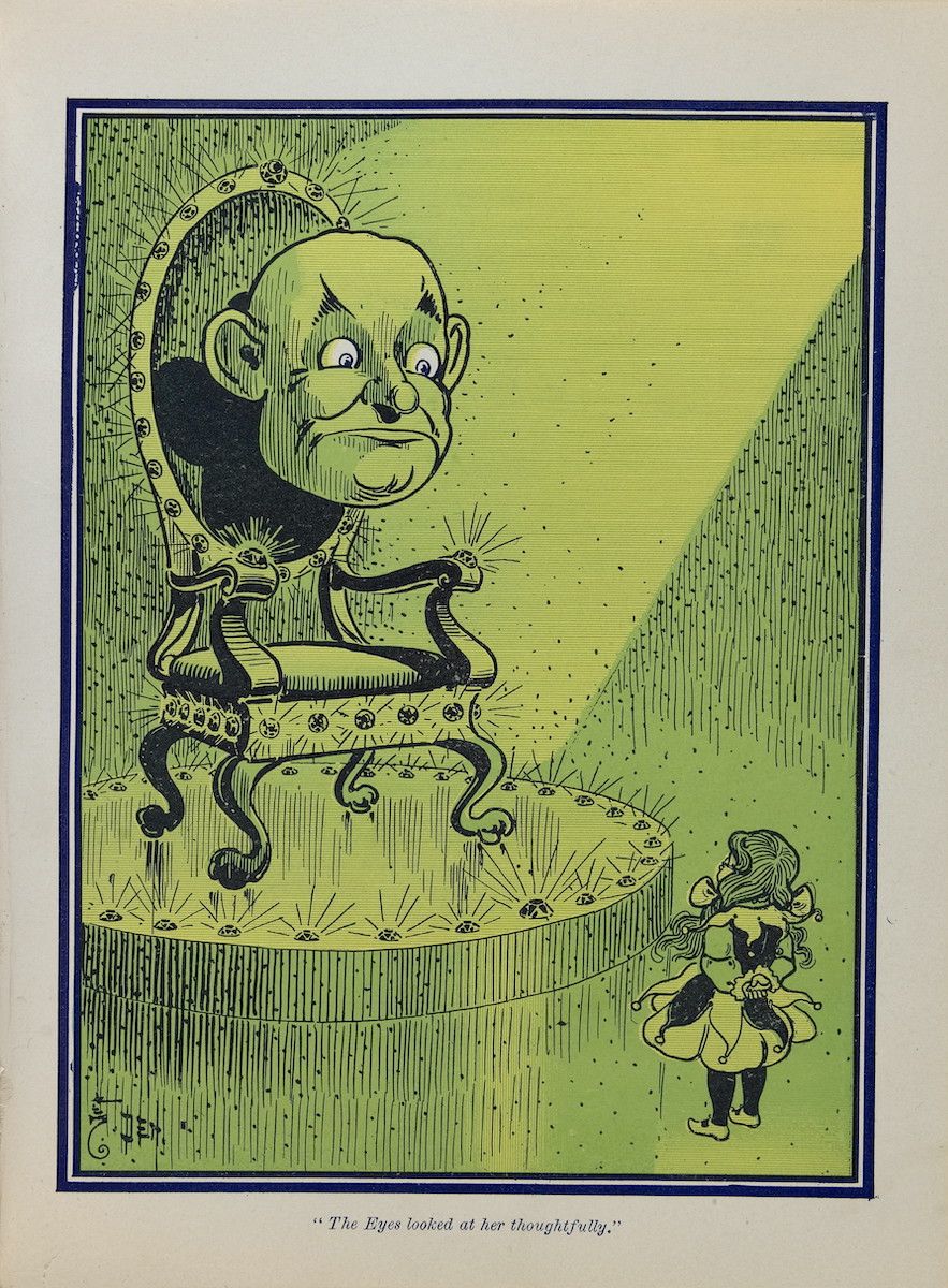 Vintage illustration of a bald man with large eyes sitting on a spider-like chair, looking down at a small woman.