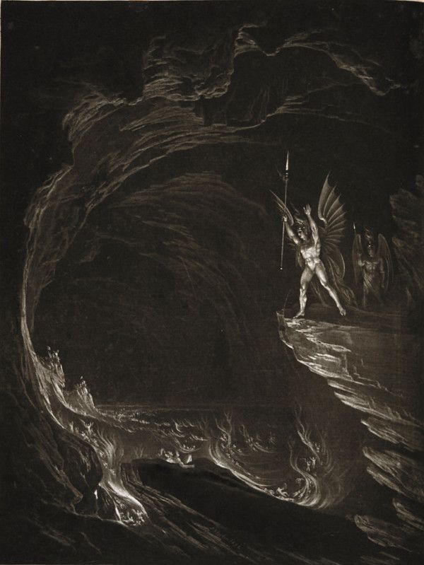 A black and white engraving of an angel standing on a spiraling staircase descending into darkness.