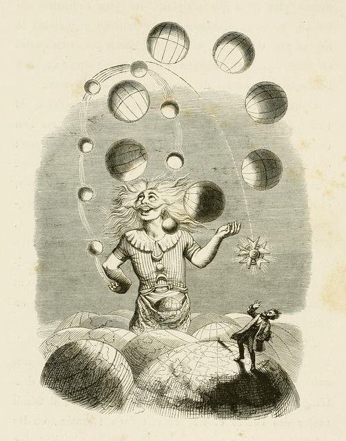Vintage illustration of a person juggling globes on top of a globe, with a small figure observing and a sun in the background.
