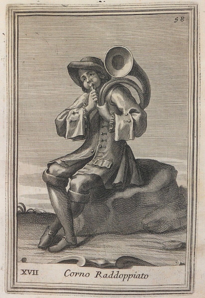Vintage engraving of a man playing a large brass instrument while seated on a rock.