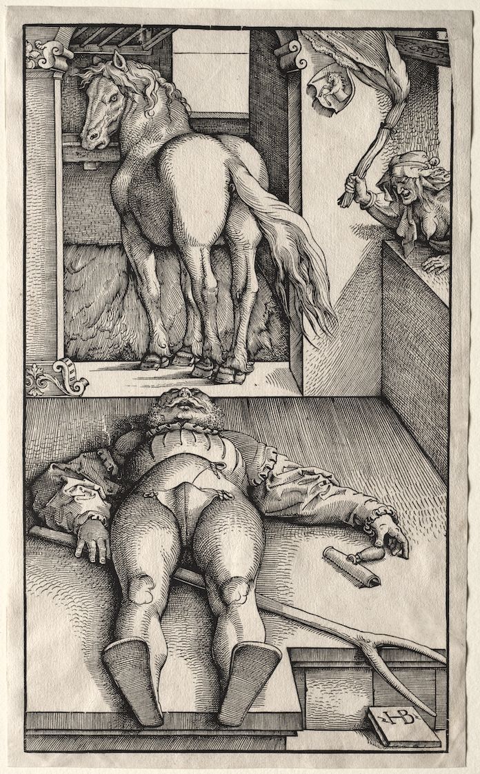 A black and white woodcut engraving depicting a pale horse in a stable being tormented by demons, while below, a naked man lies prone on the floor, also being tormented by demons.