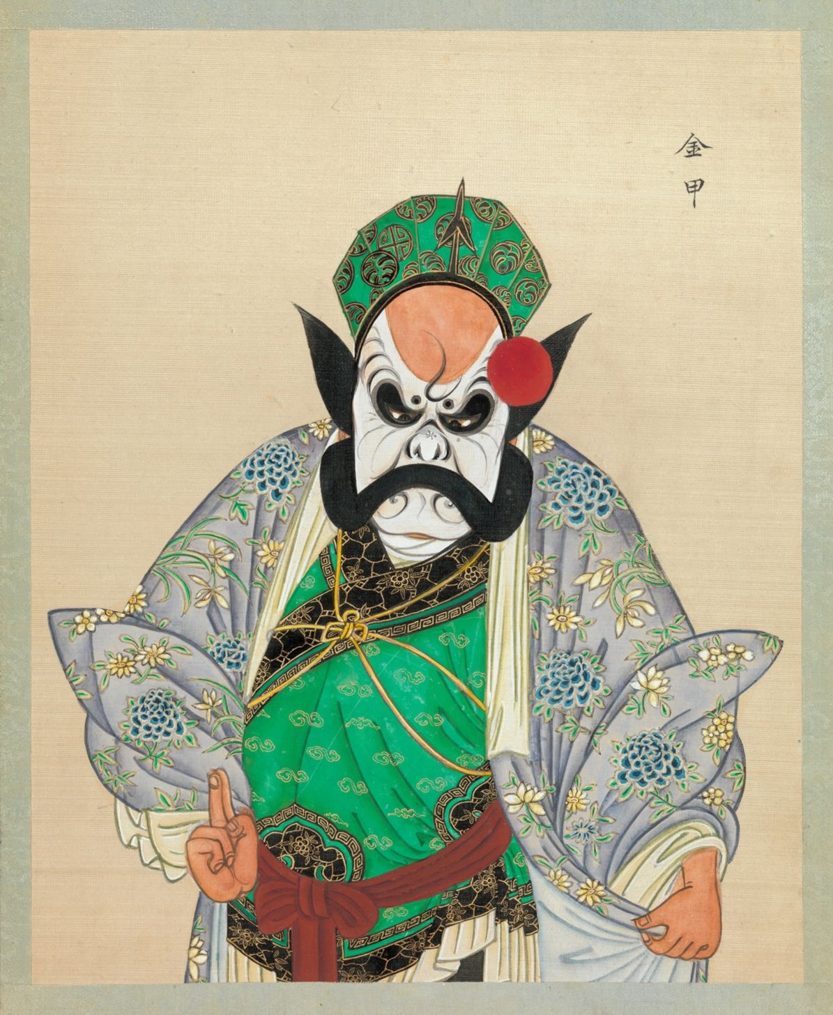 Vintage illustration of a Chinese opera performer in full costume and makeup.