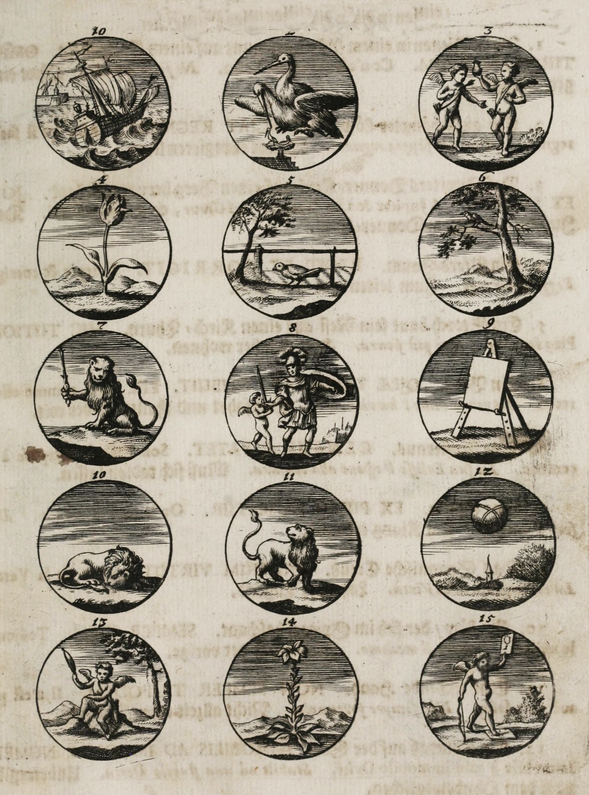 A vintage illustration featuring a grid of 15 circular vignettes, each containing a different scene or subject.