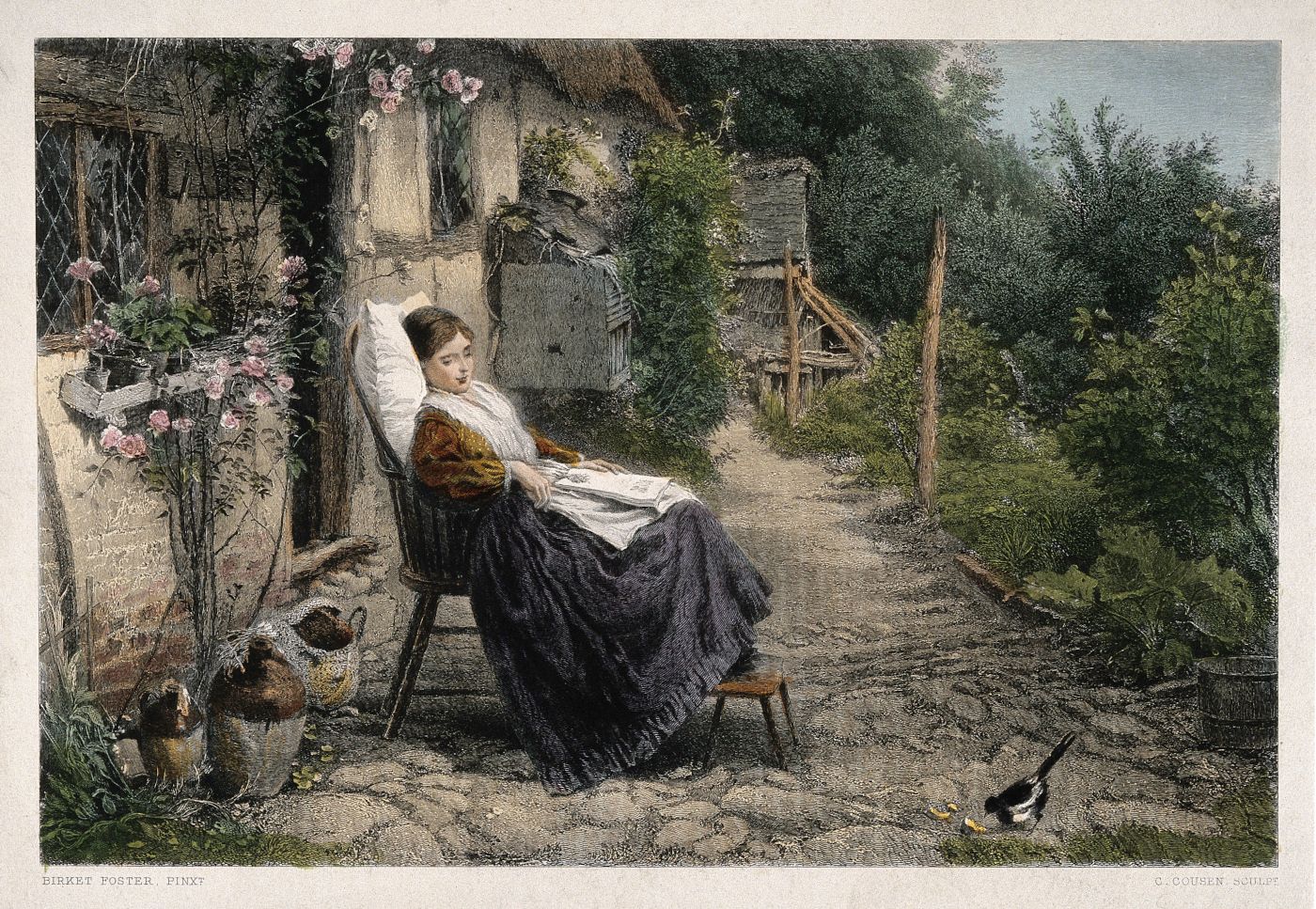 A vintage lithograph depicting a serene outdoor scene with a woman reading a book.
